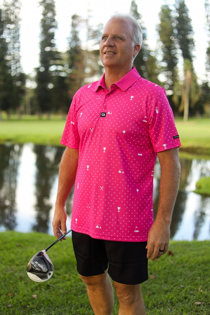Custom Apparel Mens Golf Shirt | Statement | Pink and White