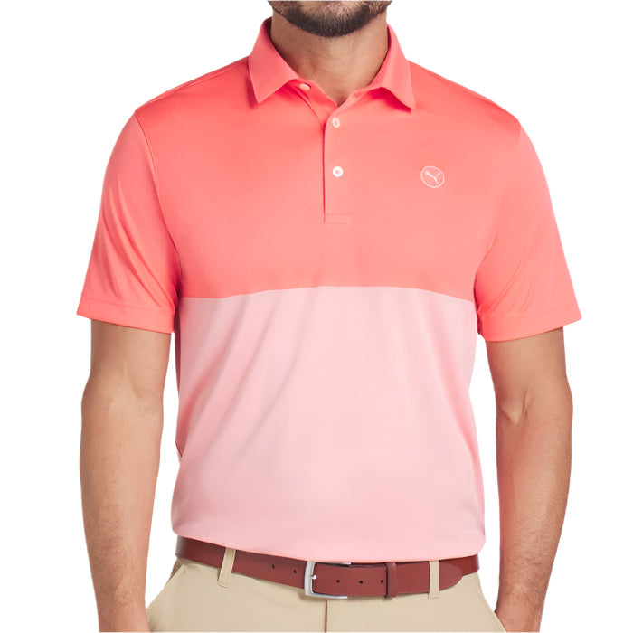 [62932302] Puma Men's Golf Shirt | Pure 2.0 Colorblock Polo | Peach Frost-Pink Fruit (S)