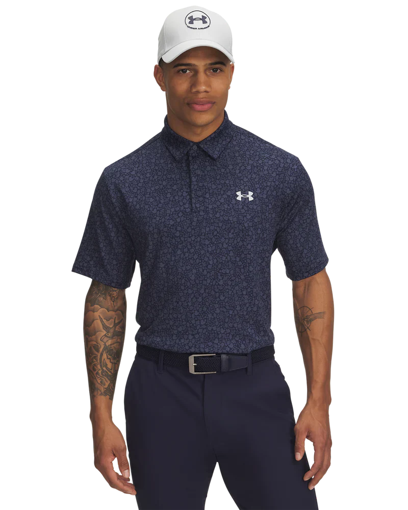 [1378677-424M] Under Armour Mens Golf Shirt | Playoff Printed 3.0 Polo | Navy-Grey (M)