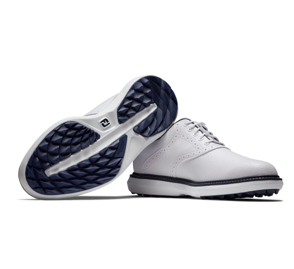 Footjoy Mens Golf Shoes | Traditions Blucher | Spikeless | White-White-Navy 9f