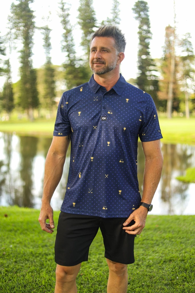 [SKUIQ48] Custom Apparel Mens Golf Shirt | Statement | Navy and Gold (S)