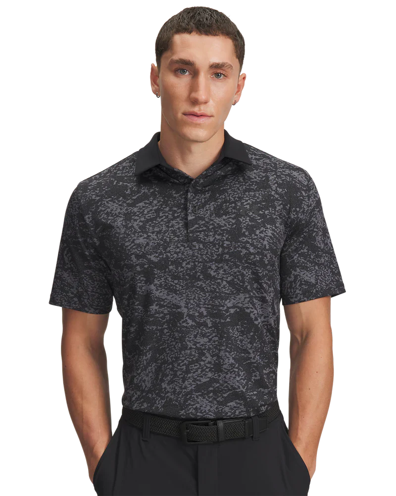 Under Armour Mens Golf Shirts | 3.0 Printed Polo | Black-Dark Grey
