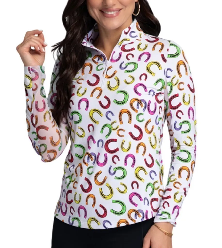 [Z-IBK10115HP-S] Ibkul Womens Golf Shirts | Bella Long Sleeve Zip | Mock | Hot Pink-Multi (S)
