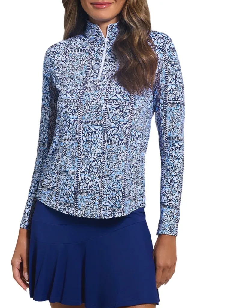 [Z-IBK10113NVPRI-S] Ibkul Womens Golf Shirts | Josie Long Sleeve Zip | Mock | Navy-Peri (S)