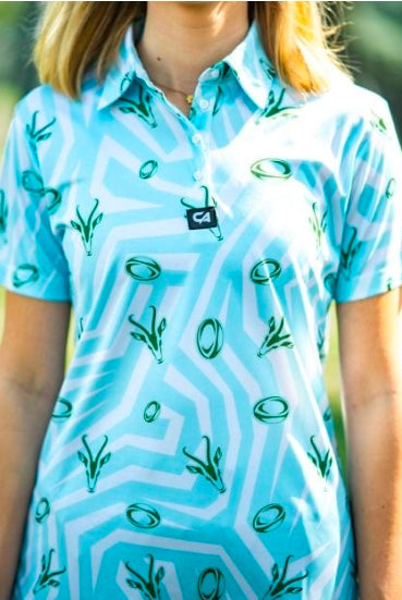 [61281627] Custom Apparel Womens Golf Shirt | Funky | Springbok | Turquoise White (S)