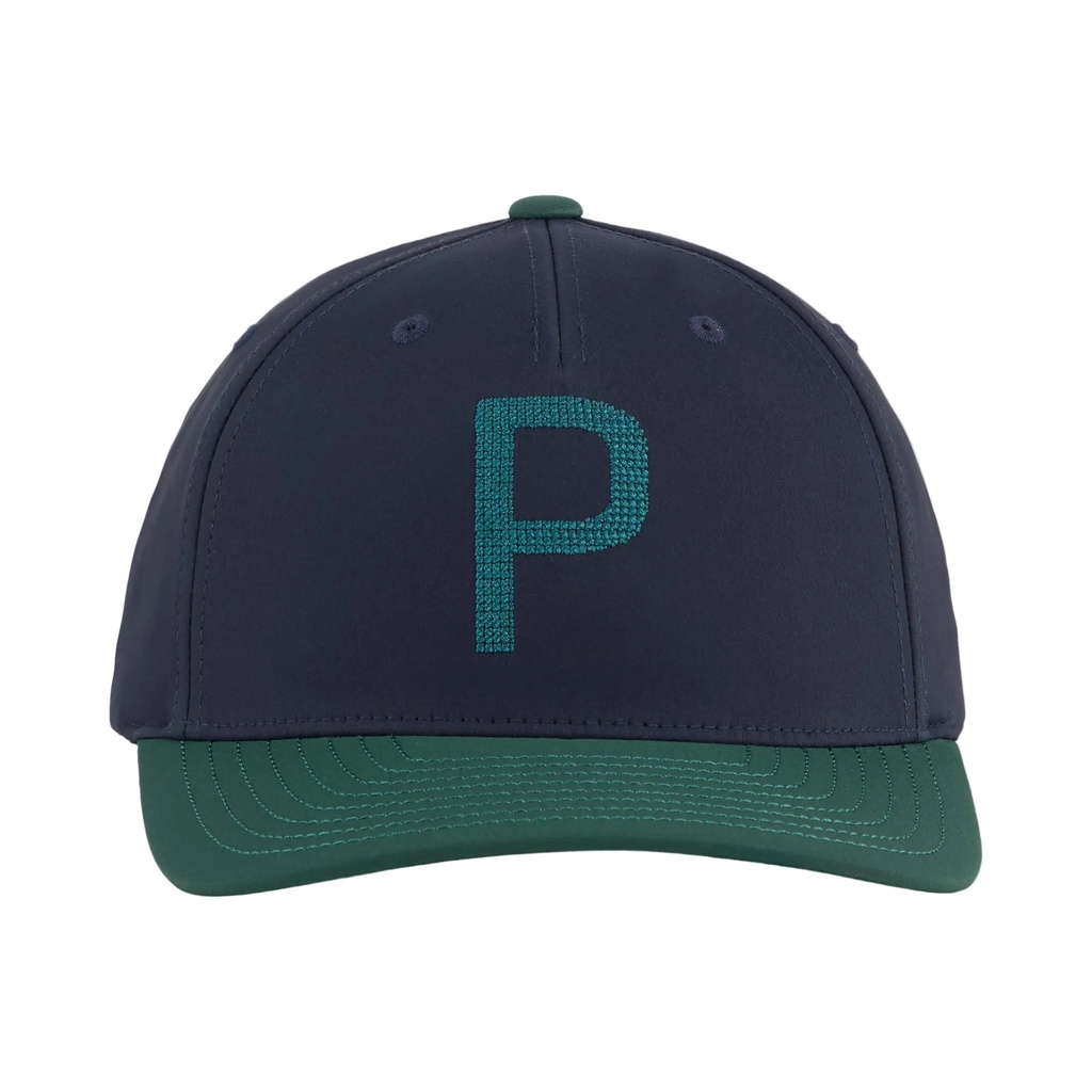 [02613406] Puma Mens Golf Cap | Crafted P | Deep Navy/Green Terrain
