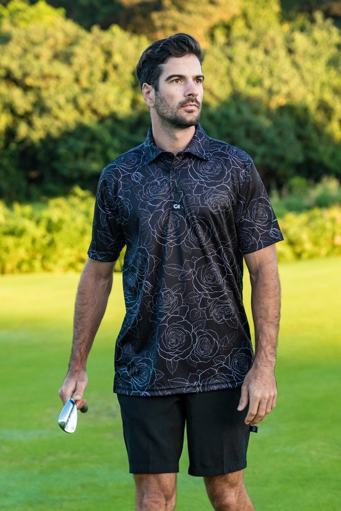 Custom Apparel Mens Funky Golf Shirt | Black-White Roses
