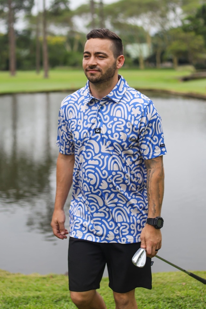 Custom Apparel Mens Funky Golf Shirt | Blue and Beige Squiggles