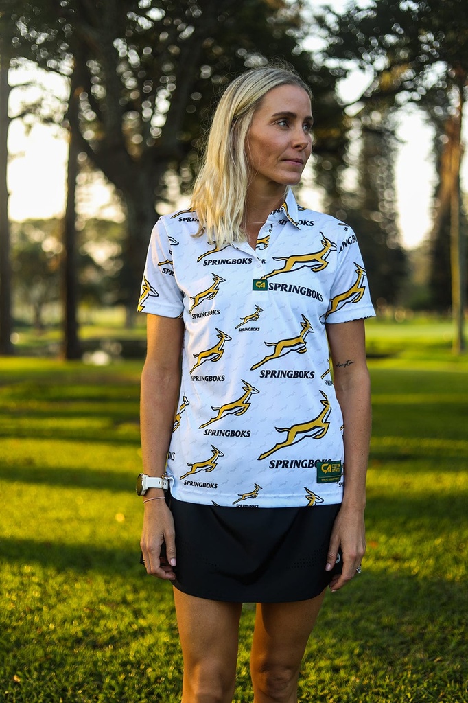 [CALGS05] Custom Apparel Women's Golf Shirt | Springbok Print (White, S)