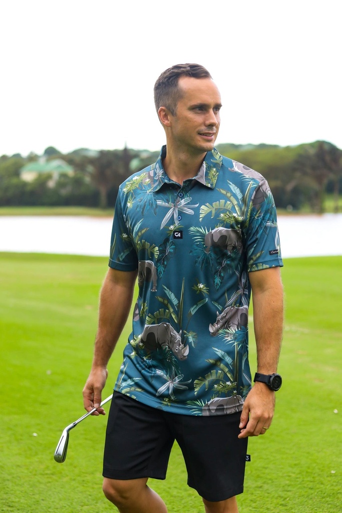 [CAMFRITW01] Custom Apparel Men's Funky Golf Shirt | Rhino in the Wild (S)