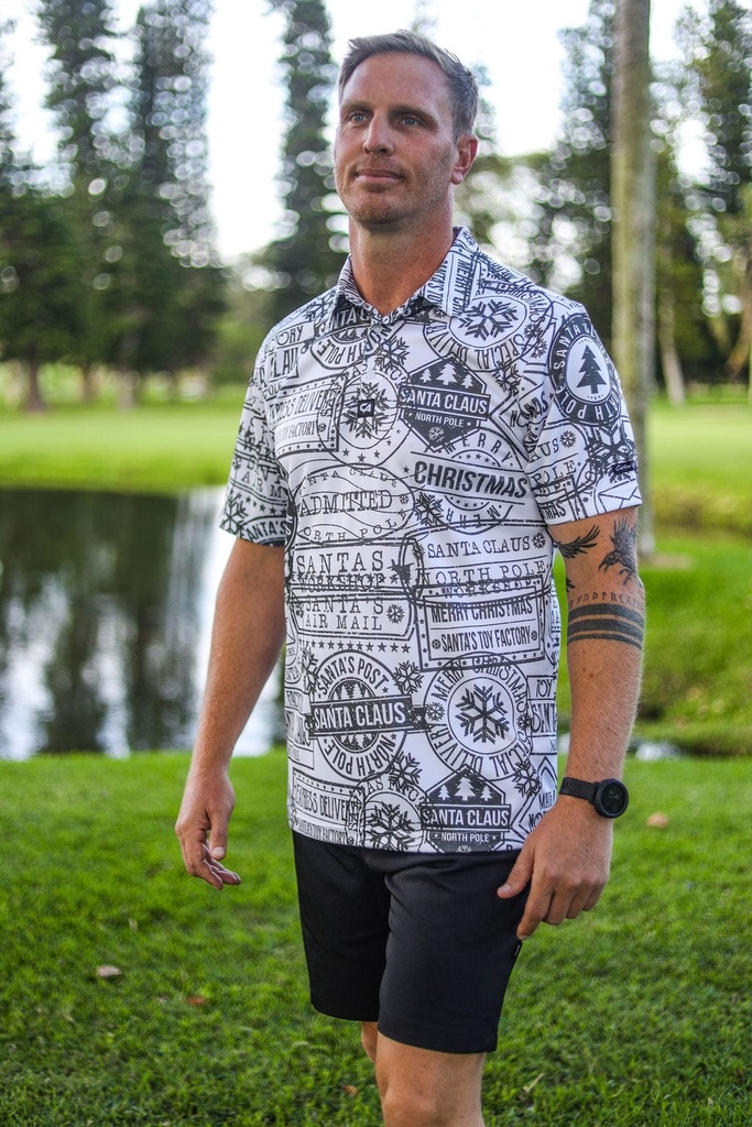 Custom Apparel Mens Funky Golf Shirt | Christmas Stamps