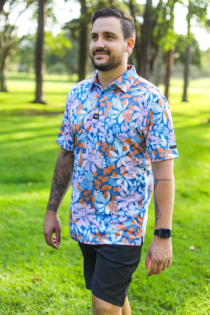 Custom Apparel Mens Funky Golf Shirt | Blue Botanical
