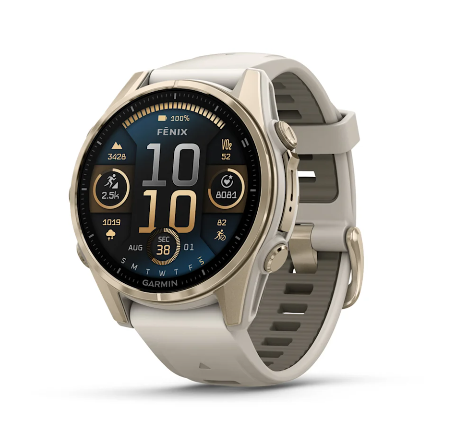 [010-02903-12] Garmin Fenix 8 Watch | 43mm | AMOLED Soft Gold Fog Grey/Dark Sandstone band